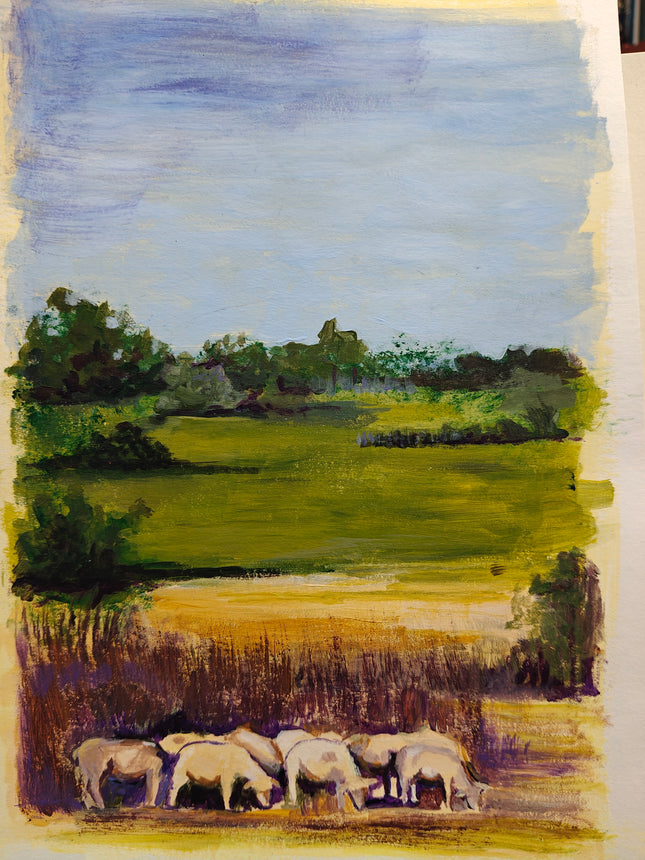 25 maart - Landschap met schapen met acrylverf